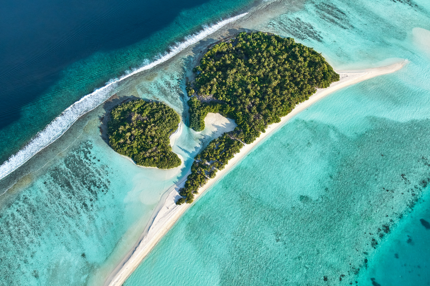 Aerial view of a tropical island and coral reef in Dhaalu Atoll, Maldives
