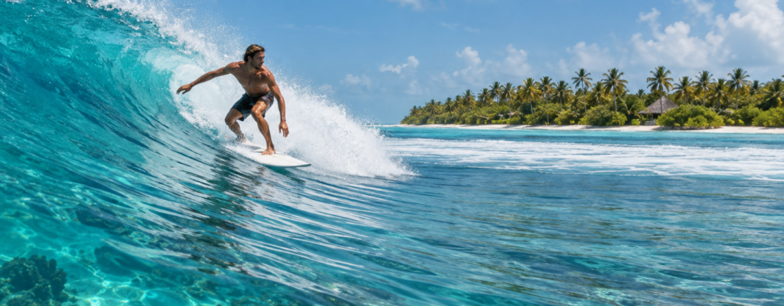 Surfer riding a tropical reef wave in the Maldives