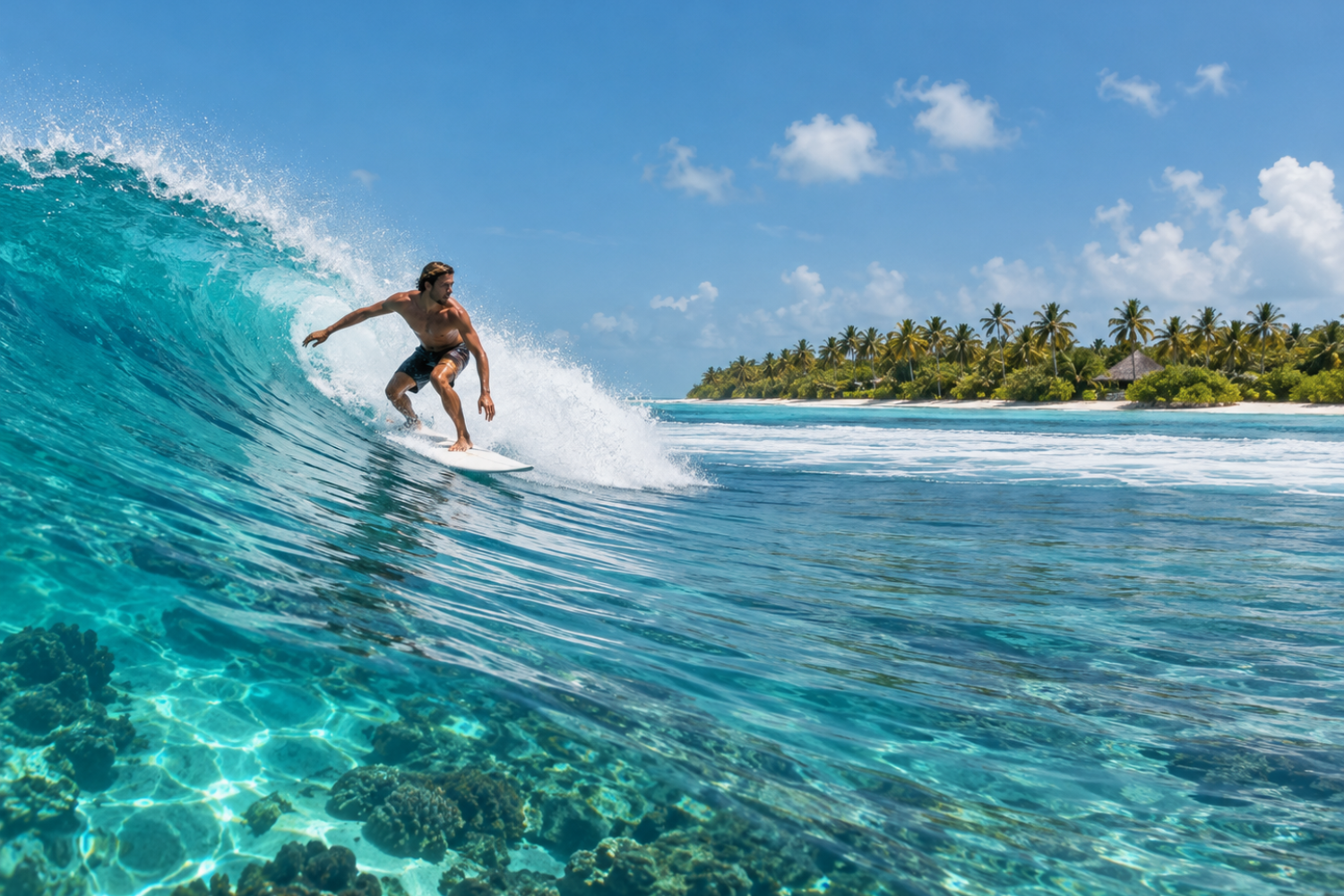 Surfer riding a tropical reef wave in the Maldives